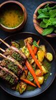 Savory Grilled Lamb Chops With Roasted Vegetables and Mint Garnish on a Rustic Table photo
