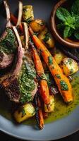 Gold Crusted Lamb Chops With Root Vegetables and Herbs Served on a Black Plate. photo