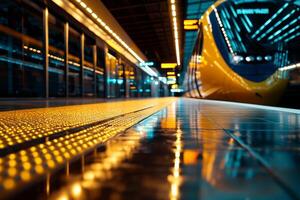 Train Arriving at a Modern Station During Evening Twilight With Vibrant Lights. photo
