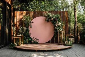 Elegant Outdoor Decoration Setup for a Special Event With Floral Accents and a Circular Backdrop photo