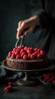 Chocolate Cake Topped With Fresh Raspberries on a Dark Textured Background. photo