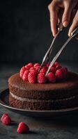 Chocolate Cake Being Decorated With Fresh Raspberries During a Dessert Preparation Session in a Kitchen photo