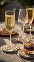 Elegant Sparkling Drinks Set on a Marble Tabletop in a Warm, Sunny Atmosphere During a Gathering photo
