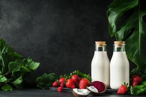 Fresh Dairy Bottles With Strawberries and Coconut on a Dark Background photo