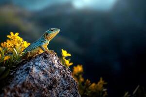Colorful Lizard Resting on a Rock With Yellow Flowers in a Serene Mountainous Landscape photo