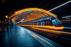 Nighttime Train Arriving at a Modern Station With Glowing Lights and Sleek Design photo