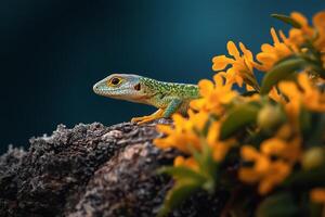 Colorful Lizard Basking on a Branch Near Vibrant Yellow Flowers in a Natural Habitat. photo