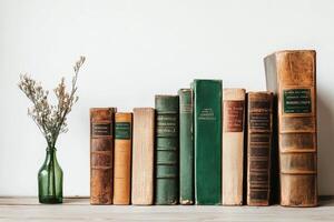 Collection of Vintage Books Arranged Neatly on a Shelf With a Small Green Plant in the Corner. photo
