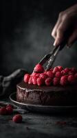 Chocolate Cake Topped With Fresh Raspberries on a Dark Textured Background photo