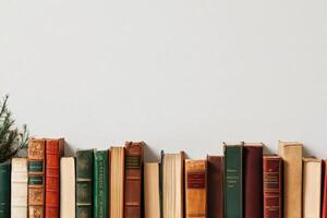 Collection of Vintage Books Arranged Neatly on a Shelf With a Small Green Plant in the Corner photo