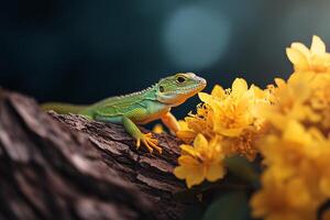 Colorful Lizard Resting on a Rock With Yellow Flowers in a Serene Mountainous Landscape. photo