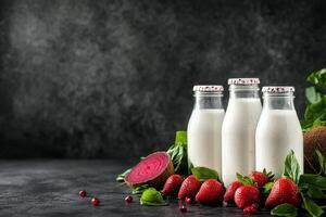 Fresh Dairy Bottles With Strawberries and Coconut on a Dark Background. photo