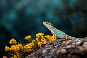 Colorful Lizard Basking on a Branch Near Vibrant Yellow Flowers in a Natural Habitat photo