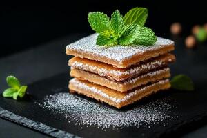 Delicious Layers of Pastry Topped With Fresh Mint and Powdered Sugar on a Black Slate Plate photo