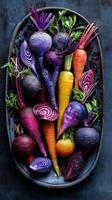 Fresh Assorted Root Vegetables Arranged on a Textured Background in Vibrant Colors. photo