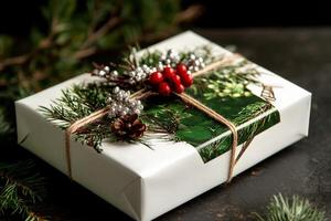Unique Holiday Gift Wrapped With Natural Accents on a Dark Background During Winter Season photo