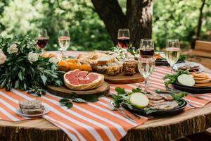 Outdoor Dining Experience With Fruit, Beverages, and Fresh Greenery During a Sunny Afternoon photo
