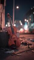 Violin Resting on the Sidewalk Under City Lights at Night. photo