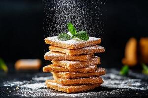 Delicious Layers of Pastry Topped With Fresh Mint and Powdered Sugar on a Black Slate Plate. photo