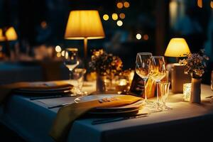 Romantic Outdoor Dining Setup by the River With Warm Lights and Floral Arrangements in Evening Atmosphere. photo