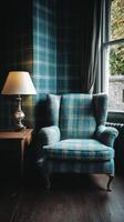 Cozy Plaid Armchair Beside Warm Lamp in a Tranquil Indoor Space During the Afternoon. photo