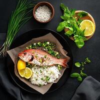 Fresh Fish Prepared With Rice and Garnishes on a Dark Textured Surface. photo