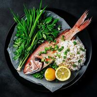 Freshly Prepared Fish With Herbs and Rice Served on a Dark Plate With Garnishes. photo