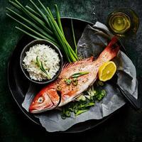 Fresh Fish Prepared With Rice and Garnishes on a Dark Textured Surface photo