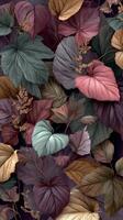 Colorful Autumn Leaves Overlapping in Various Shades on a Dark Background During Autumn Season. photo