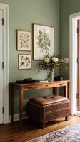 Warm and Inviting Entryway With Rustic Wooden Bench and Botanical Artwork. photo
