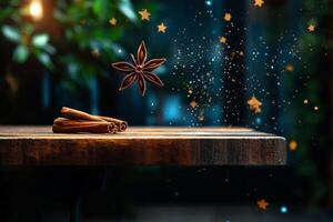 Star Anise Floats Above Cinnamon Sticks in a Dark, Cozy Setting With Lights and Decorations photo