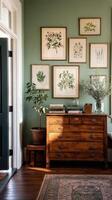 Stylish Home Interior With Vintage Furniture and Botanical Art in a Cozy Living Space. photo
