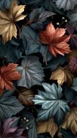 Colorful Autumn Leaves Overlapping in Various Shades on a Dark Background During Autumn Season photo