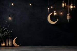 Decorative Crescent Moons and Lanterns Create a Serene Atmosphere in an Indoor Space photo