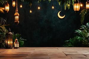 Decorative Crescent Moons and Lanterns Create a Serene Atmosphere in an Indoor Space. photo