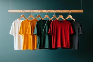 Colorful T-Shirts Hanging on a Wooden Rack Against a Teal Background in a Modern Display photo