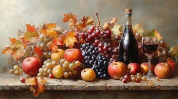 Colorful Autumn Harvest Display With Grapes, Apples, and Wine Bottle on Wooden Surface photo