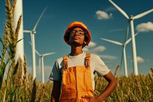 Winning Smile of a Wind Farm Worker Enjoying a Sunny Day in the Hills. photo