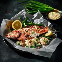 Freshly Prepared Fish With Herbs and Rice Served on a Dark Plate With Garnishes photo