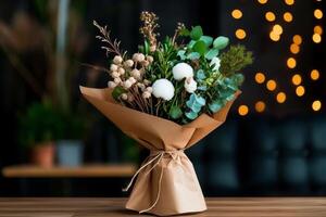Beautiful Bouquet of Dried Flowers and Cotton on a Wooden Surface in a Cozy Indoor Setting. photo