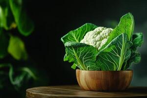 Fresh Cauliflower in a Wooden Bowl With Leafy Greens on a Dark Background photo
