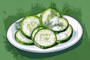 Freshly Sliced Cucumbers With Dill and Spices on a White Plate Against a Green Background photo