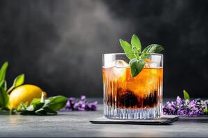 Refreshing Cocktail Garnished With Herbs and Fruit Showcases Vibrant Colors and Textures in a Rustic Setting photo