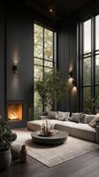 Cozy Modern Living Room With Large Windows and Fireplace in an Elegant Home Design photo