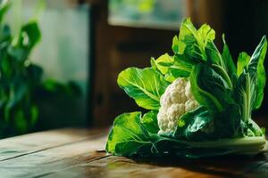 Fresh Cauliflower and Greens Displayed on Rustic Wooden Table in Natural Light photo