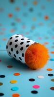 Fun Celebration Party Popper With Polka Dots and Colorful Confetti on a Bright Blue Background. photo