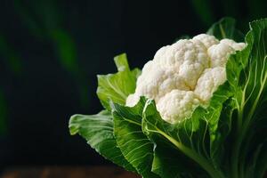 Fresh Cauliflower in a Wooden Bowl With Leafy Greens on a Dark Background. photo