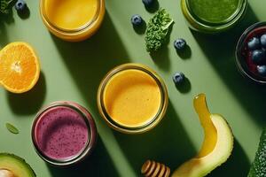 Colorful Fruit and Vegetable Smoothies Arranged on a Wooden Table in Natural Light. photo