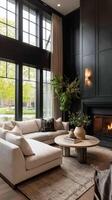 Cozy Living Room With Modern Decor and Large Windows Overlooking a Green Landscape photo