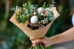 Unique Bouquet of Dried Flowers and Greenery Held in a Hand Surrounded by Natural Background photo